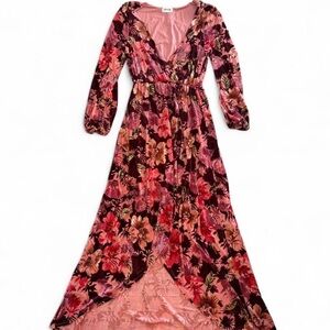Elegant Floral Long Sleeve Dress - Pink and Red
